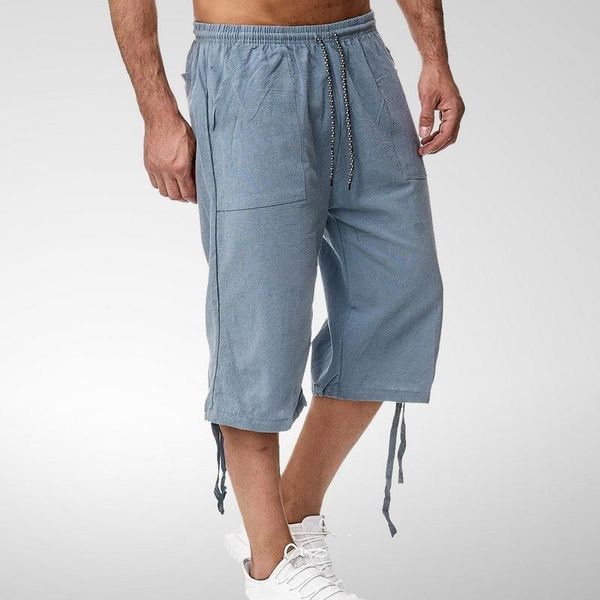 

men's shorts linen short men knee cotton large size high waist male long summer cropped casual pants, White;black