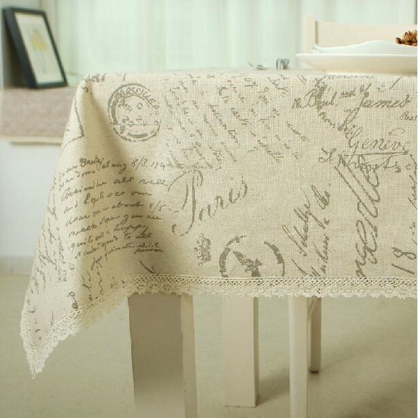 

table cloth europe style linen cotton rectangular lace edge tablecloths letter printed dustproof covers toalha de mesa