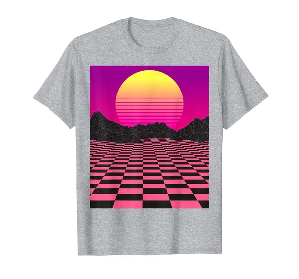 

vaporwave sunset mountains pink checkerboard retro t shirt, White;black