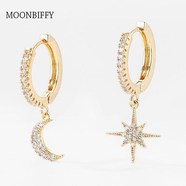 

hoop & huggie fashion cubic zircon star and moon earrings charms for women man girls korean jewelry 2021, Golden;silver