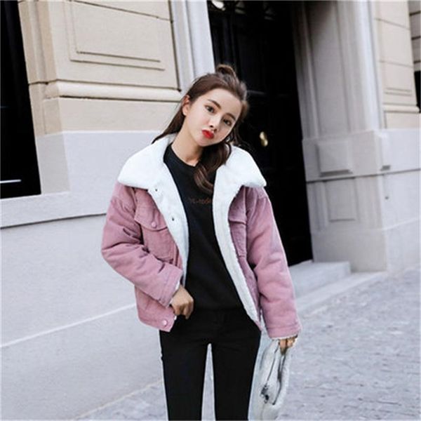 

women's corduroy cotton coat plus velvet thickening artificial lamb wool lapels students 210923, Black
