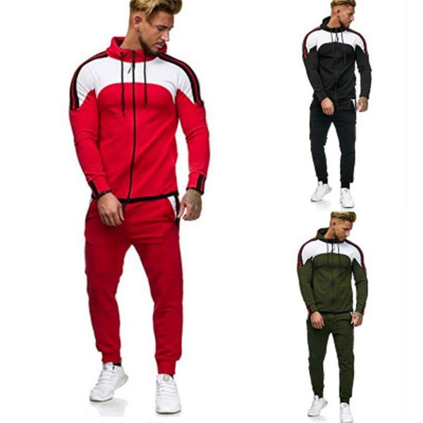 

mens splicing colors tracksuits fashion trend long sleeve cardigan zipper hooded sweatshirts striped harem pants spring sports 2pcs sets, Gray
