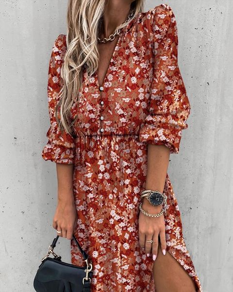 

long autumn spring fashion casual womens dress purple floral sleeve button up side slit dresses clothes arrival, Black;gray