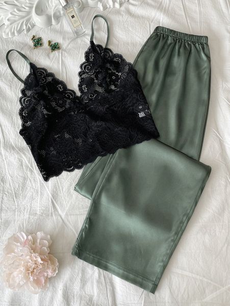 

plus lace cami with satin pants pajama set b5pz#, Black;white