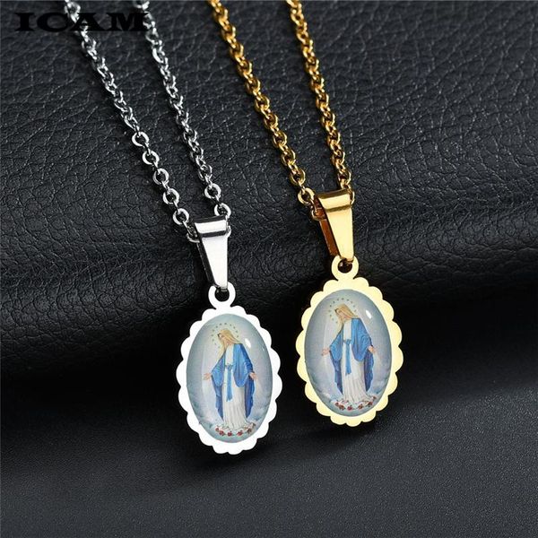 

pendant necklaces icam catholic rhinestone oval prayer virgin mary necklace classic our lady of guadalupe medal coin amulet, Silver
