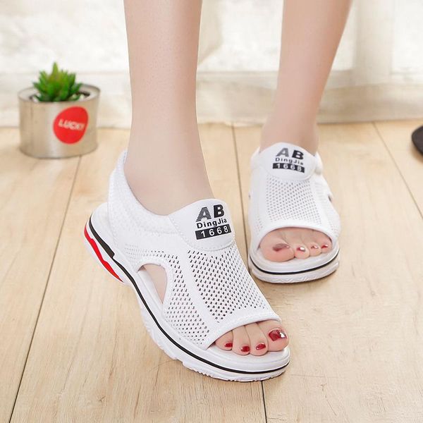 

sandals 2022 summer mesh soft bottom casual breathable running shoes flat student fish mouth, Black