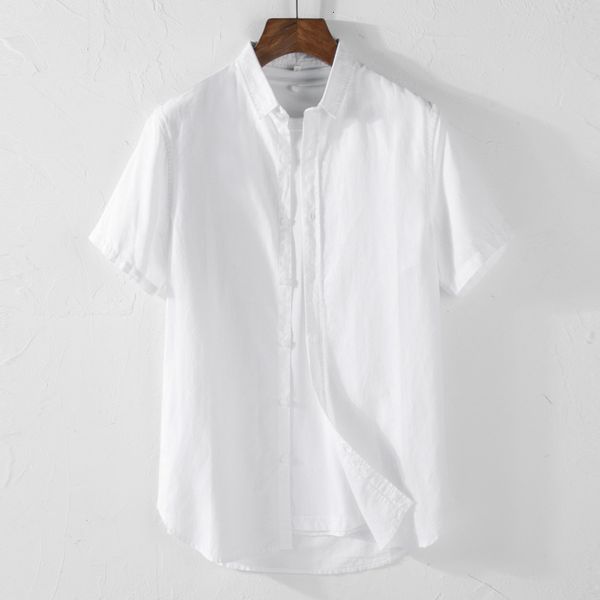 

2021 new summer simple linen short-sleeved cotton shirts men brand fashion solid shirt mens chemise camisa r5b9, White;black