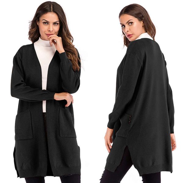 

women's autumn solid color long knitted sleeve sweater coat, Black;brown