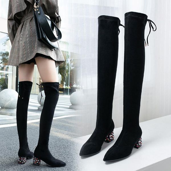 

boots rhinestone thick heel thin elastic female 42 medium high, Black