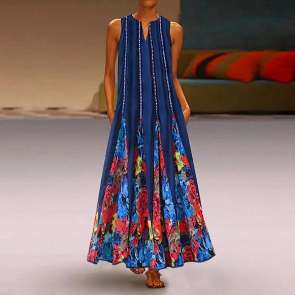 

casual dresses 2021 summer printed maxi dress women's sundress vintage v neck sleeveless tunic vestidos robe femme plus size 5xl long, Black;gray