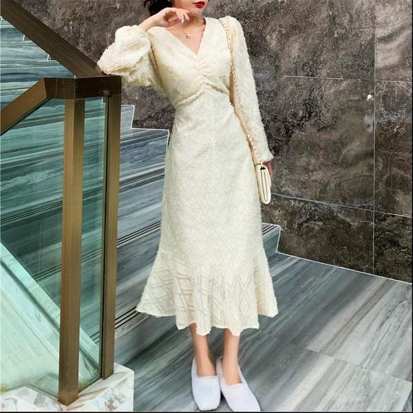 

french full sleeve long trumpet dress autumn warm women v neck fairy dress 2021 wedding party evening one piece clothing ladies, Black;gray