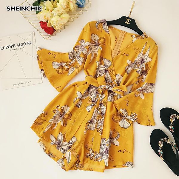 

boho chic summer 2021 beach yellow playsuits v neck flare sleeve loose rompers elegant chiffon floral print female jumpsuit, Black;white