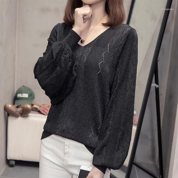 

women's sweaters nkandby plus size hollow out pullover women 2021 spring fashion korean v neck oversize loose lantern sleeve knit 1, White;black