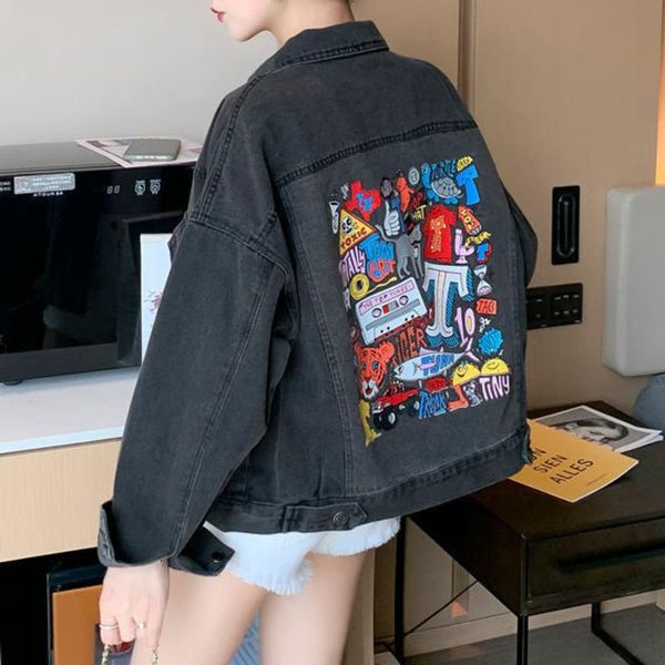

women's jackets autumn denim jacket women casual back cartoon printing loose black fashion small short simple chaqueta mujer basic zra, Black;brown