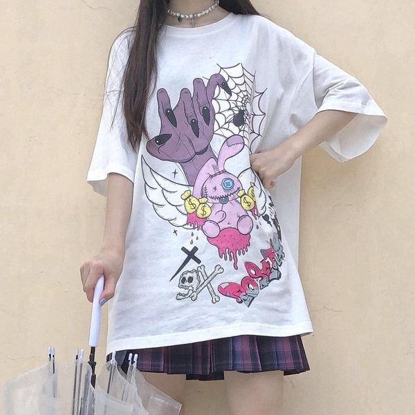 

women's t-shirt japanese anime cartoon tees casual bf fashion harajuku fun short sleeve women clothes big size loose gothic print, White