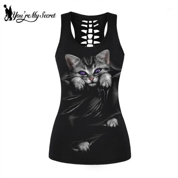 

women's tanks & camis [you're my secret] fashion gothic women vest shirt black cat round neck hollow sleeveless tank plus size st, White