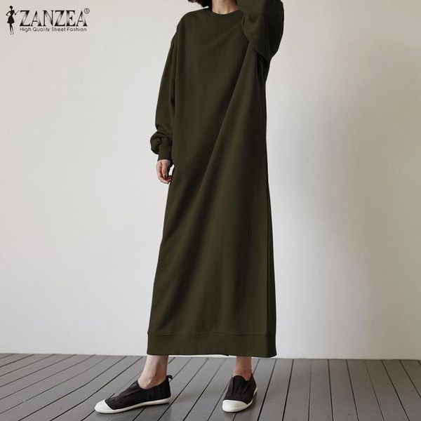 

2021 autumn solid split sweatshirt dress vintage sundress zanzea women casual o neck long sleeve long vestidos female plus size, Black;gray