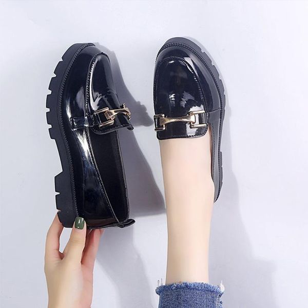 

dress shoes women patent leather thick platform slip on woman pumps metal buckle fashion comfort low heel ladies casual single, Black