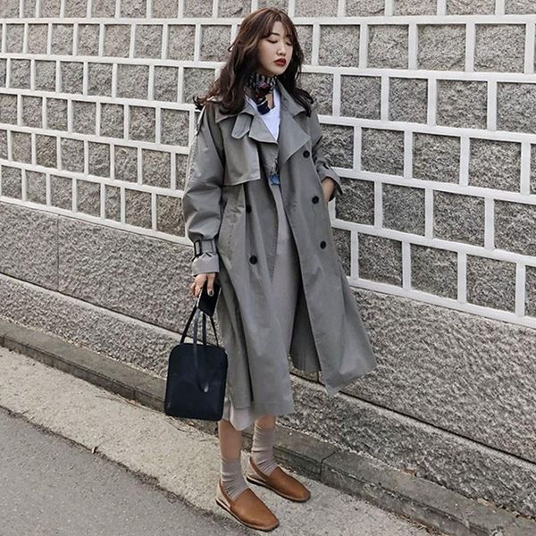 

women's trench coats grey british style spring women coat solid color pockets fashion female long windbreaker button tide clothes, Tan;black