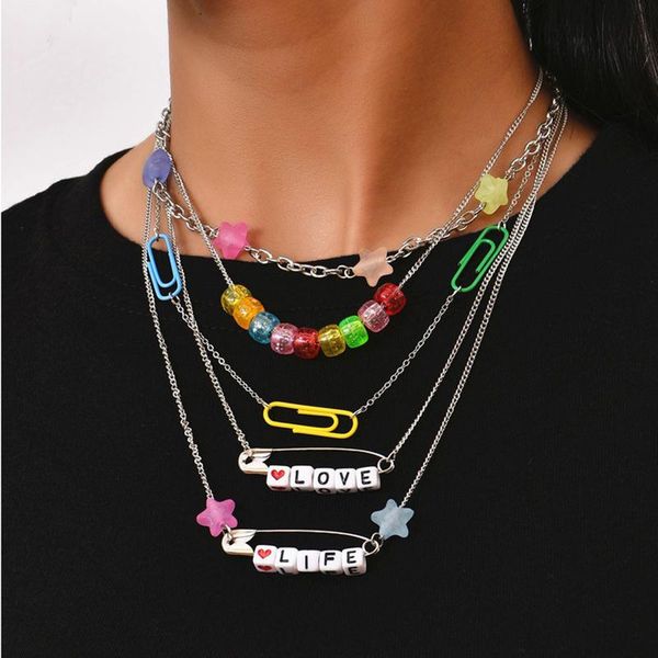 

chokers alyxuy 2pcs/set colorful star ball choker lock clip dice skull pendant letter love life necklace for women jewelry accessories, Golden;silver