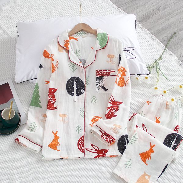 

2021 spring and autumn new cotton auze long-sleeved trousers set cartoon squirrel home service pajamas for women nkla, Black;brown