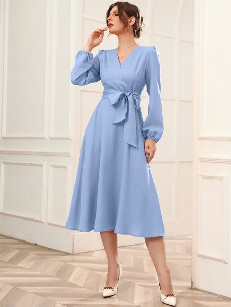 

surplice neck bishop sleeve belted dress w64g#, Black;gray
