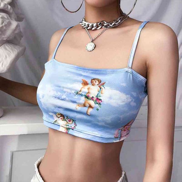 

fashion camisole sling vest women cami sleeveless cold shoulder the angel of cupid print short camis female summer, White