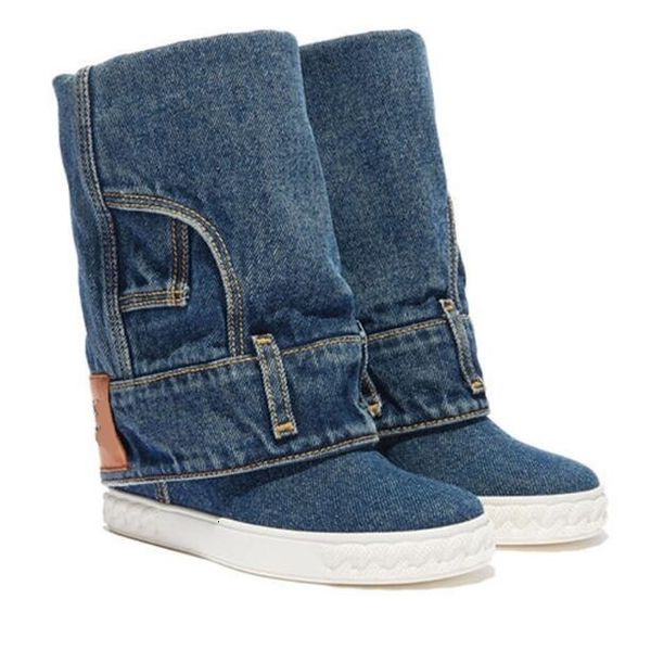 

boots girls jeans eight cm hidden wedge platform short boots casual woman toe round foot sliding in mid-bending calf size 35-41 o1rx, Black