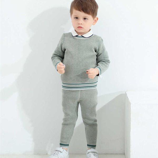 Baby Boy вязаные одежды набор детей вязаный пуловер + брюки осень зима малыша трикотажные одежды младенческие вязаные свитеры 210615