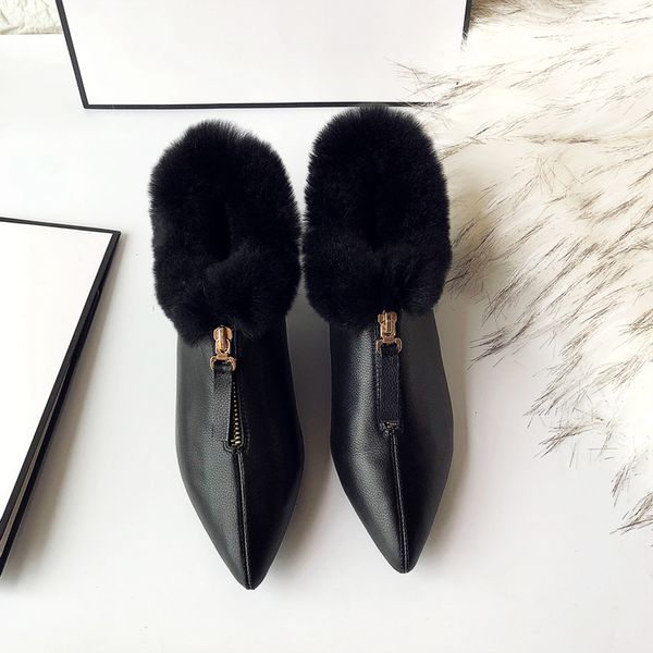 

womens genuine leather front zip warm plush winter flats pointed toe female comfortable footwear high quaity shoes for womendress shoes, Black