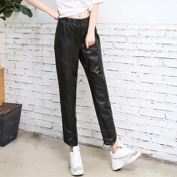 

women's pants & capris soft sheepskin real women black slim genuine leather trousers elastic waist harem pencil pant ladies streetwear, Black;white