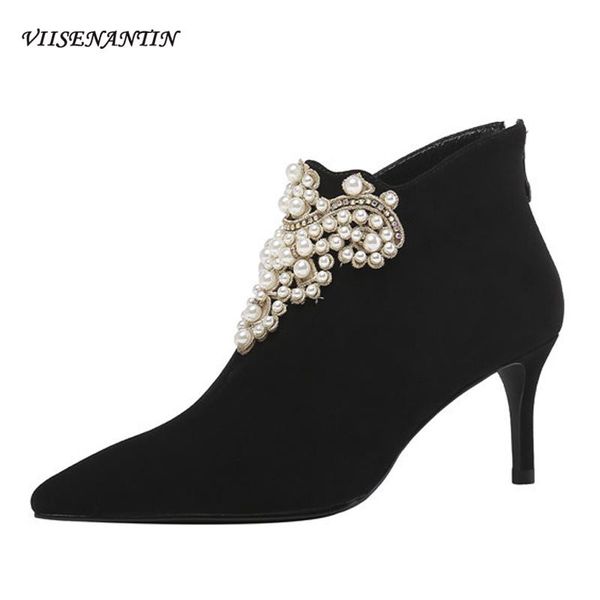 

boots autumn winter style ladies fashion pearl crystal decoration short pointed toe stiletto high heel women's ankle, Black