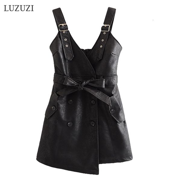 

2021 new spring women pu faux leather with belt v neck slim vintage black mini vestido festa de noche lesk, Black;gray
