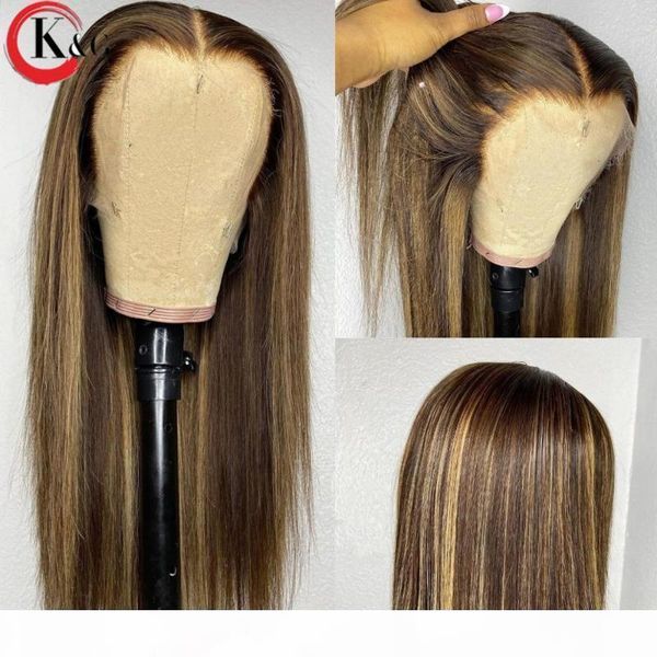 

kungang t-part middle part lace front human hair straight 150% density lace wigs with baby hair ratio non-remy, Black;brown