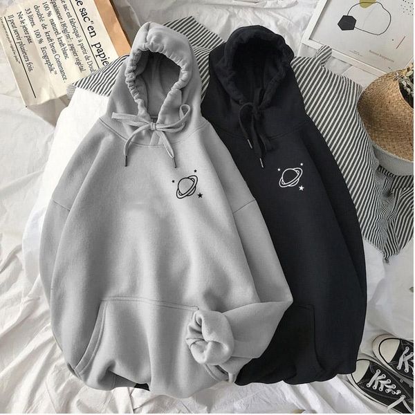 

women's hoodies & sweatshirts the 8 colors velvet winter cute saturn printing hooded female 2021 thicken warm lady autumn, Black
