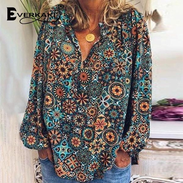 

women's blouses & shirts everkaki boho floral print women summer beach vacation plus size bohemian retro vintage blouse female 2021, White