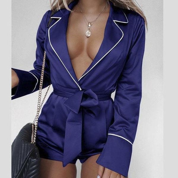 

women v neck pajamas romper ladies solid color silk satin sleepwear nightwear long sleeve party beach belted jumpsuit hot, Black;white