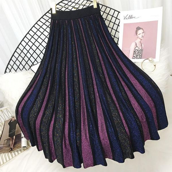 

skirts 2021 high waist colorful knitted winter a-line long fashion women vintage pleated skirt faldas jupe femme saia, Black