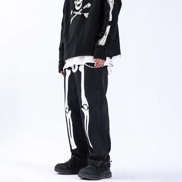 

2021 spring skeleton oversized black jeans pants denim mens streetwear hip hop harem pants high wasit washed denim trousers, Blue