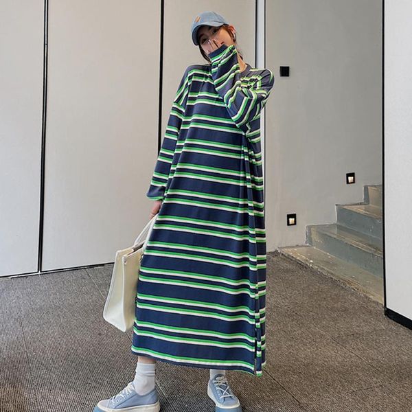 

casual dresses vanovich europe loose pluz size women dress autumn 2022 wild cotton clothing striped long sleeve female, Black;gray