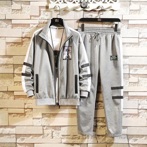 

men's tracksuits men polyester sweatshirt sporting reflective strip 2021 gyms spring jacket + pants casual track suit sportswear fitnes, Gray