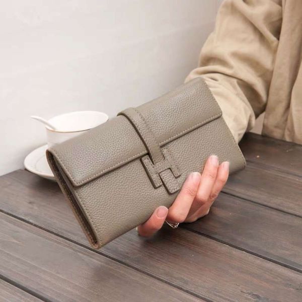 

leather wallet women's long korean h buckle the same large capacity lychee grain head handbag, Red;black