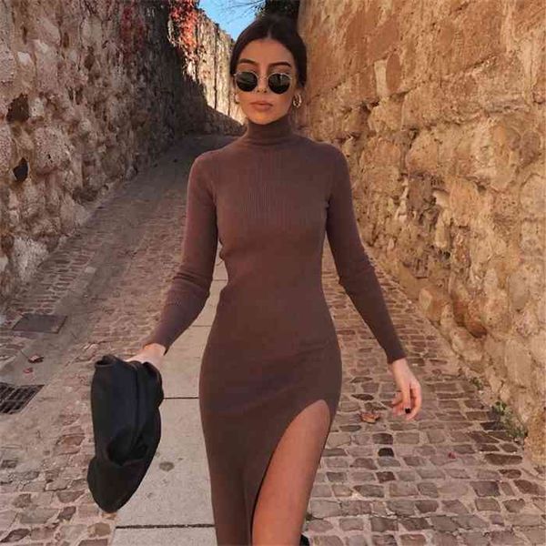 

2021 new women knit sweater dress long sleeves high-neck elastic midi dress fashion elegant chic lady long warm woman dresses, Black;gray