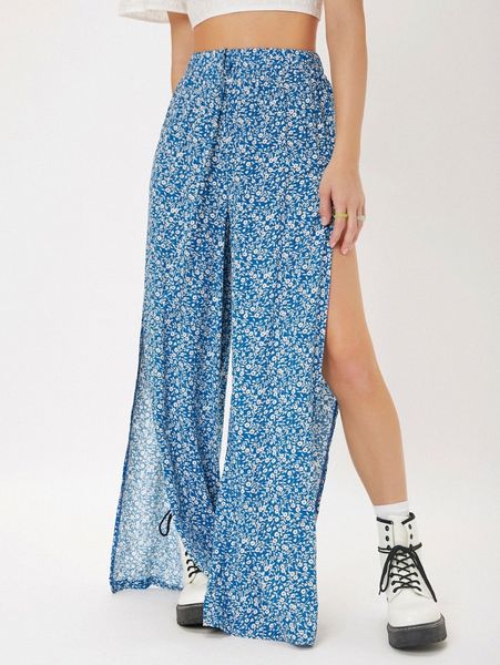 

ditsy floral split thigh wide leg pants 17xo#, Black;white