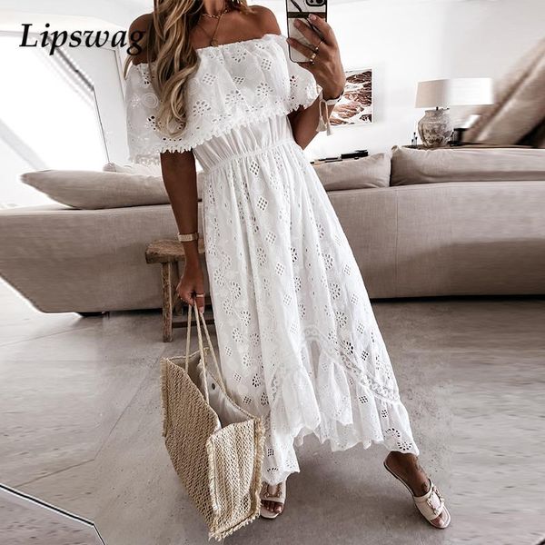 

women embroidery lace hollow out party dress lady summer off shoulder irregular long dress casual autumn ruffle white dresshigh quality, Black;gray