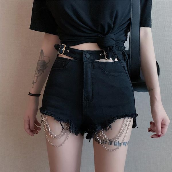 

women's shorts vintage gothic black hole chain denim women spring summer 2021 harajuku female grunge punk hip hop jeans, White;black