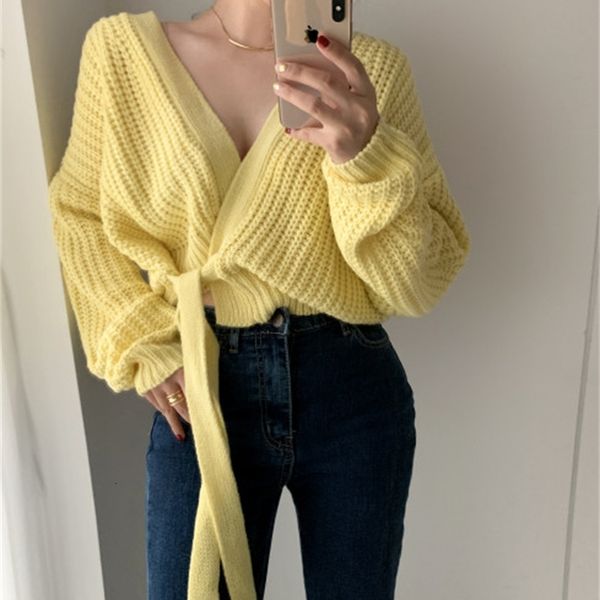 

2021 new autumn solid retro v-neck lace-up thick needle sweater short knit cardigan women 6j4c, White;black