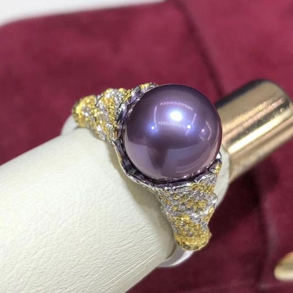 

cluster rings d525 pearl ring fine jewelry 925 sterling silver round 9-10mm flawless nature fresh water purple pearls for women presents, Golden;silver