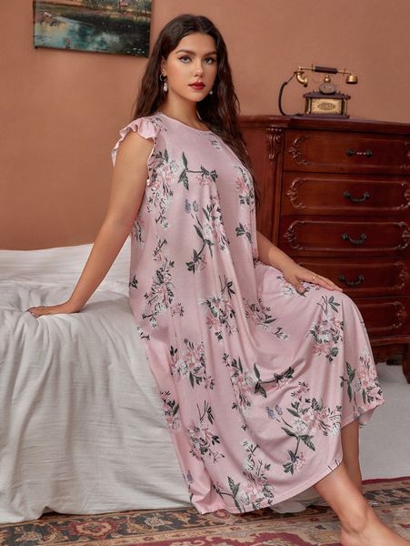 

plus floral print ruffle trim nightdress b0v3#, Black;white