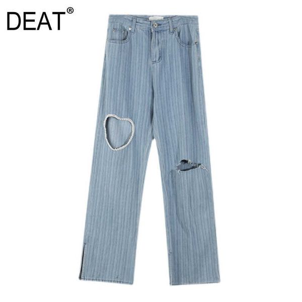 

[deat] summer fashion straight-leg pants high waist solid color hollow out loose split fork women jeans 13q458 210527, Blue